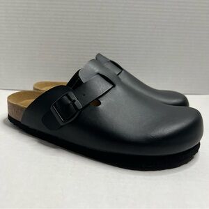Cushionaire Hana Black Leather Cork Footbed Clogs